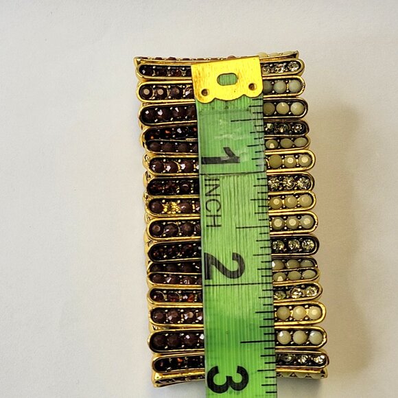 Gold Tone and Brown Wide Cuff Embellished Stretchy Bracelet - Picture 9 of 12